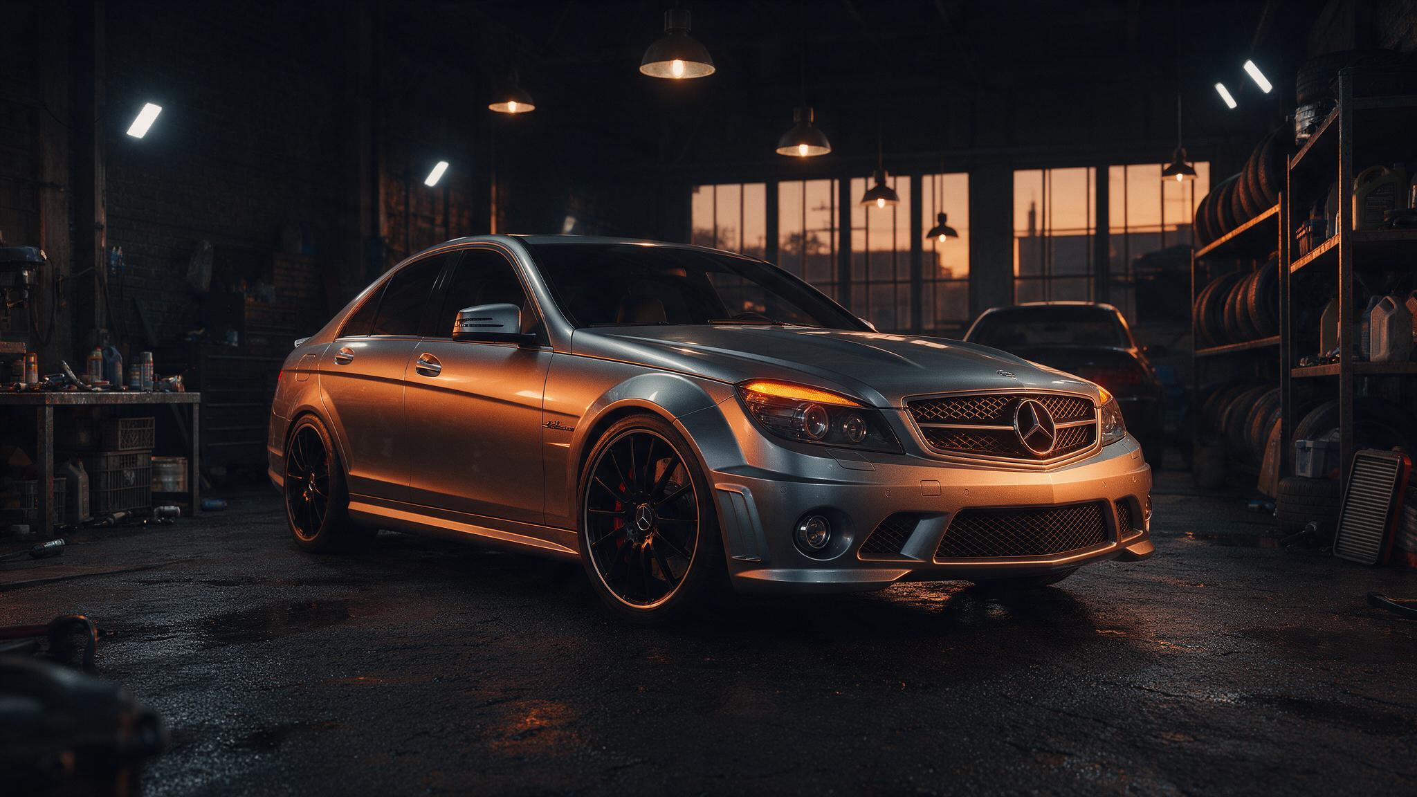 Mercedes C63 AMG W204 in een donkere tuningwerkplaats