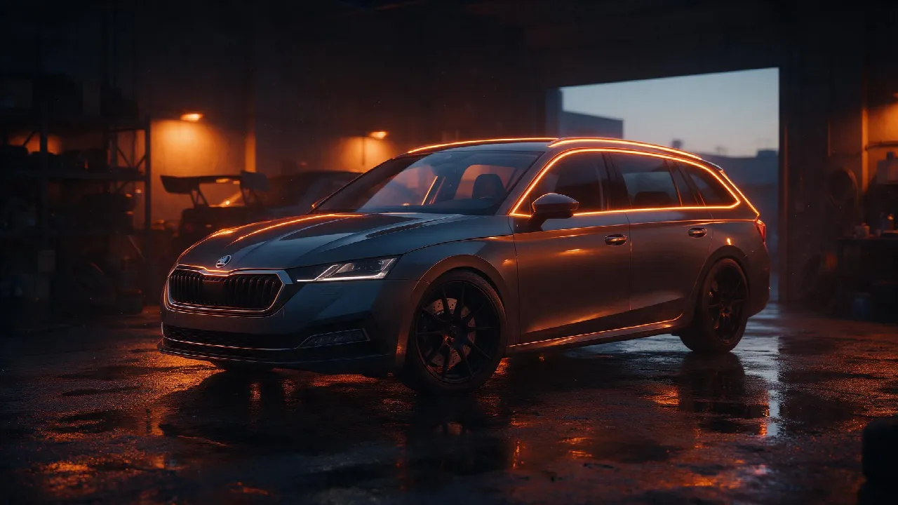 Skoda Octavia Combi 2.0 TSI in een donkere tuningwerkplaats