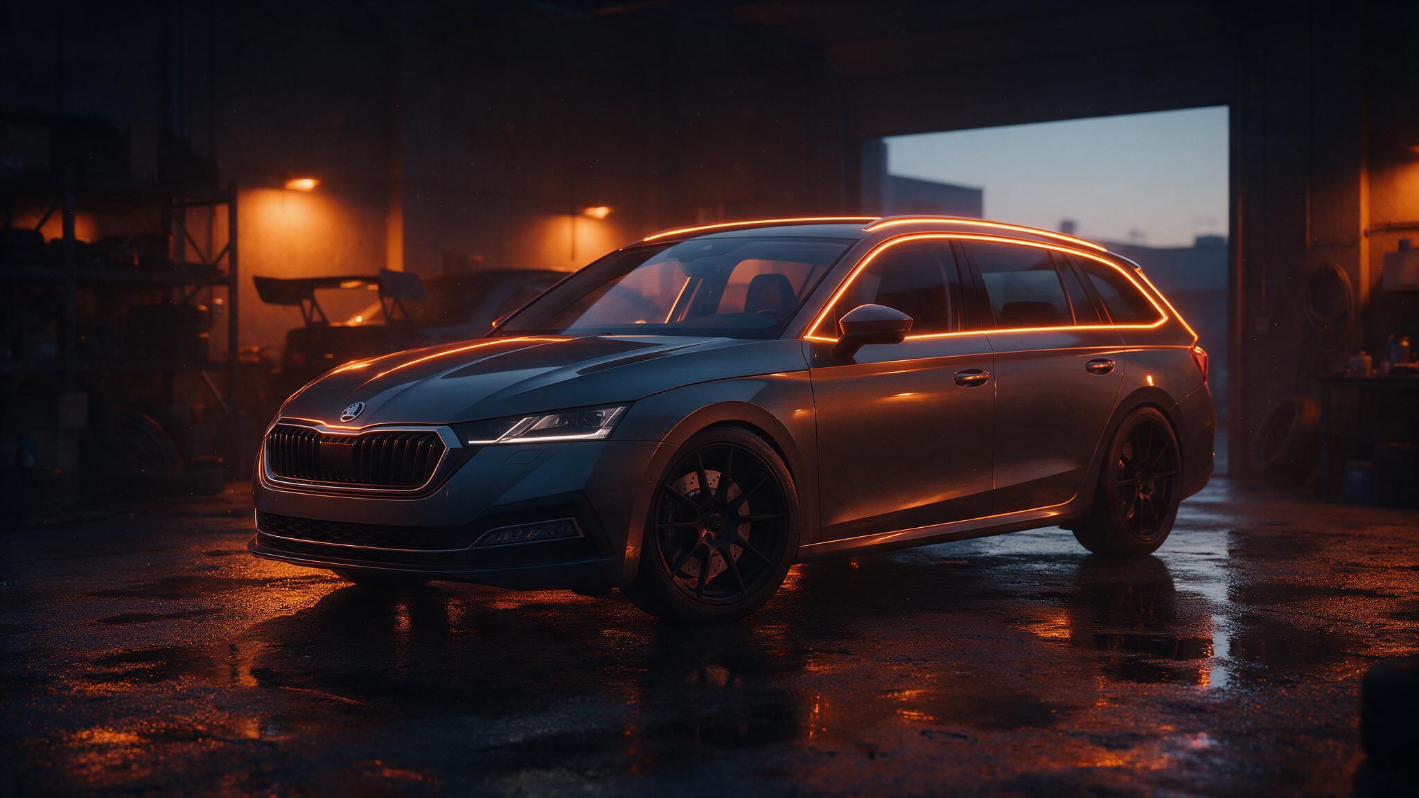 Skoda Octavia Combi 2.0 TSI in een donkere tuningwerkplaats