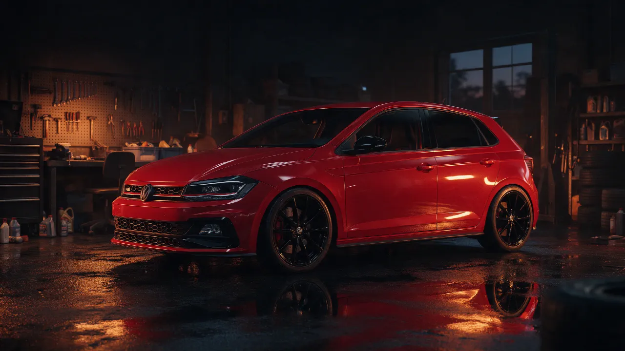 Volkswagen Polo GTI 2.0 TSI in een donkere werkplaats