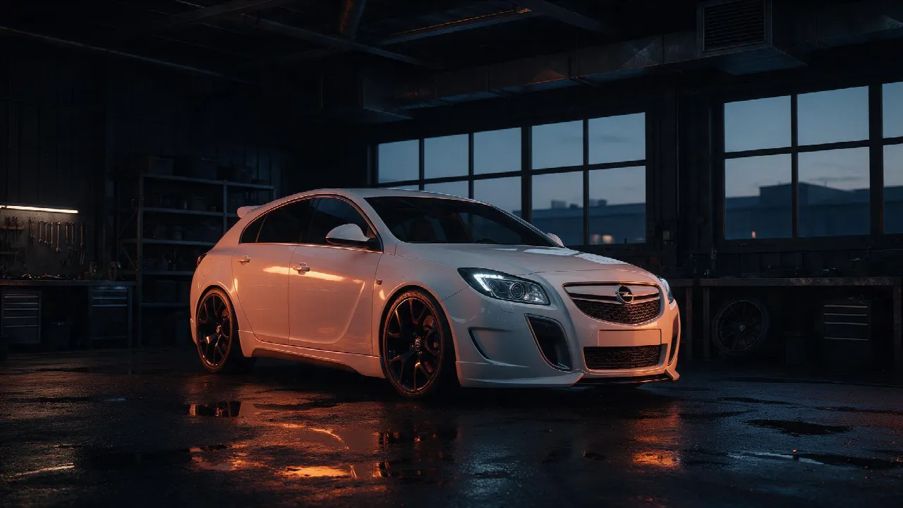 Opel Insignia OPC in een donkere tuningwerkplaats