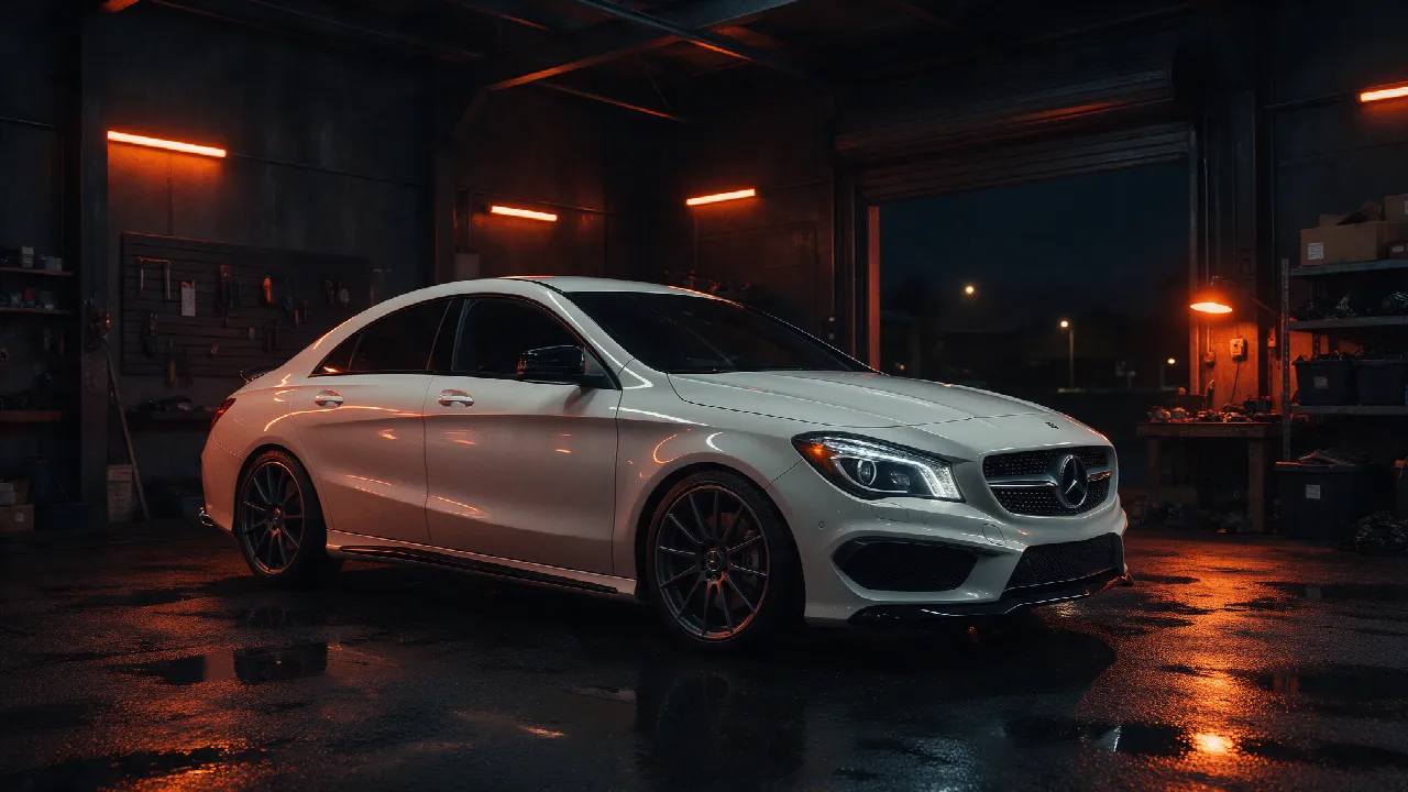 Mercedes-Benz CLA 250 in een donkere werkplaats