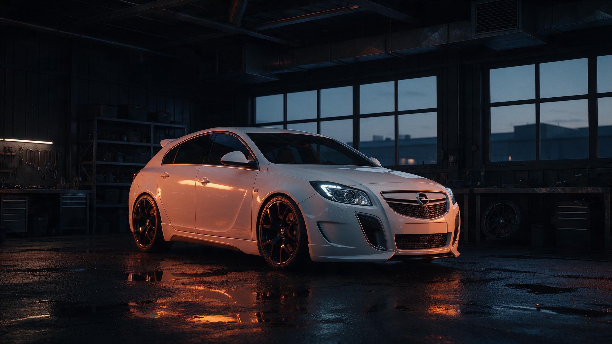 Opel Insignia OPC in een donkere tuningwerkplaats