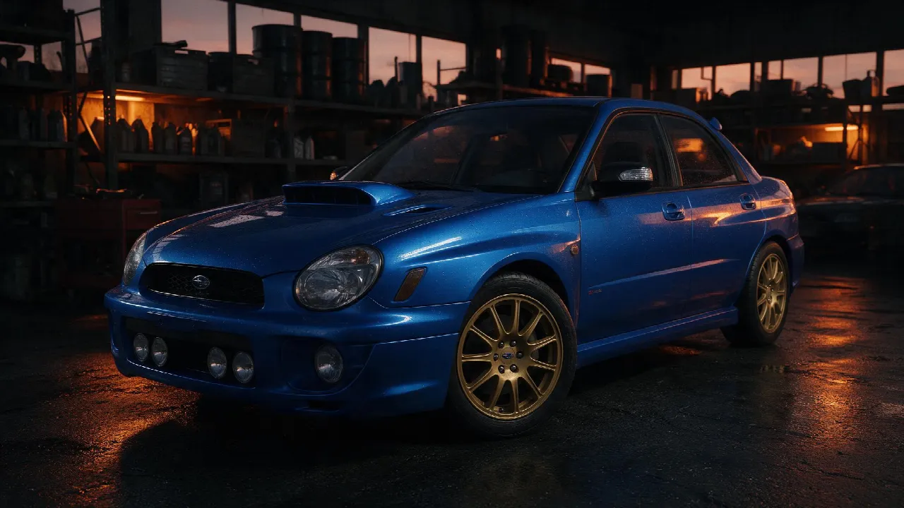 Subaru Impreza WRX in een donkere tuningwerkplaats