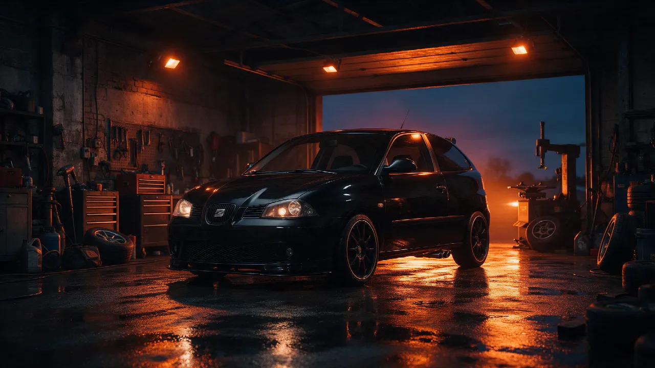 Seat Ibiza Cupra 1.8T in een donkere werkplaats