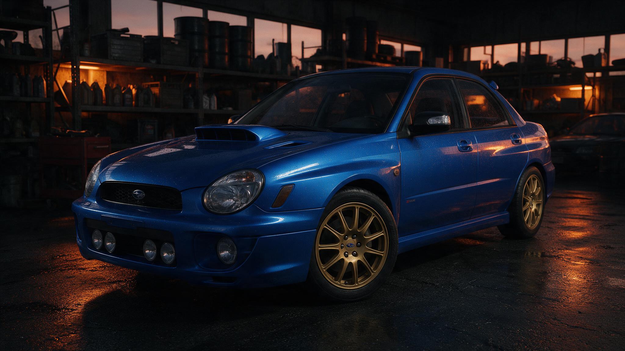 Subaru Impreza WRX in een donkere tuningwerkplaats