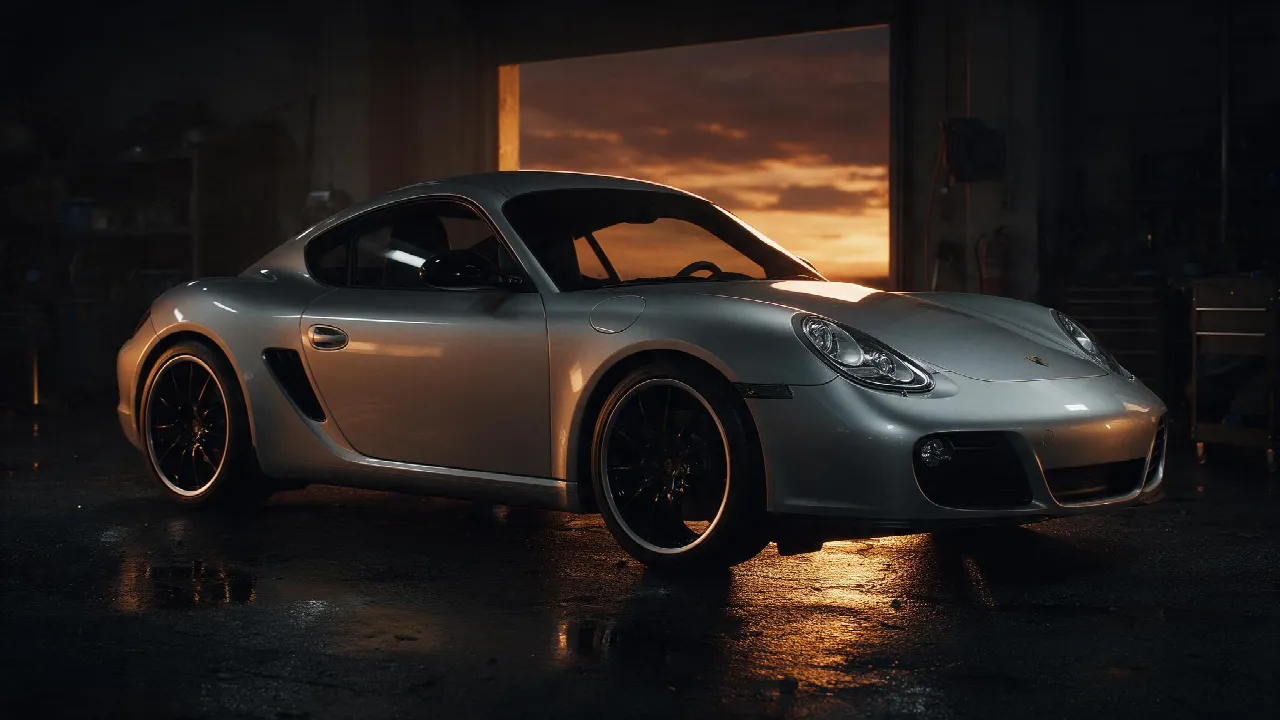 Porsche Cayman 987 in een donkere tuningwerkplaats