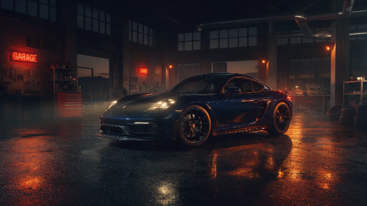 Porsche 718 Cayman GTS 4.0 in een donkere werkplaats
