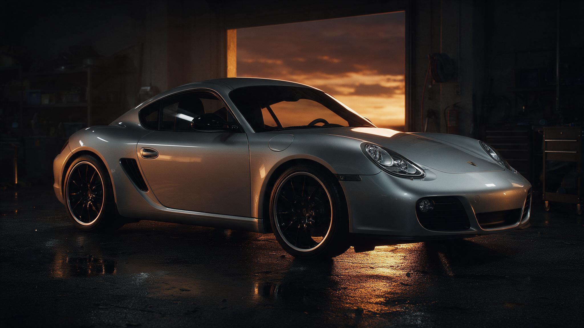 Porsche Cayman 987 in een donkere tuningwerkplaats