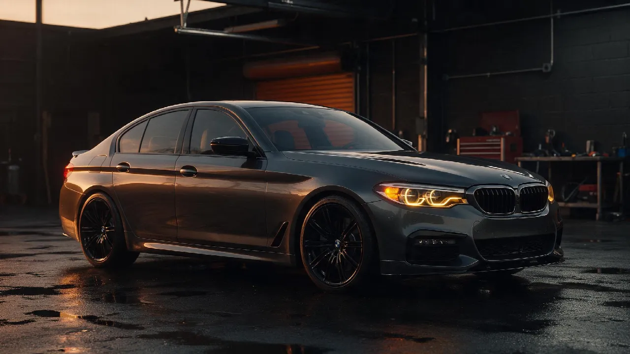BMW 530e iPerformance G30 in een donkere tuningwerkplaats