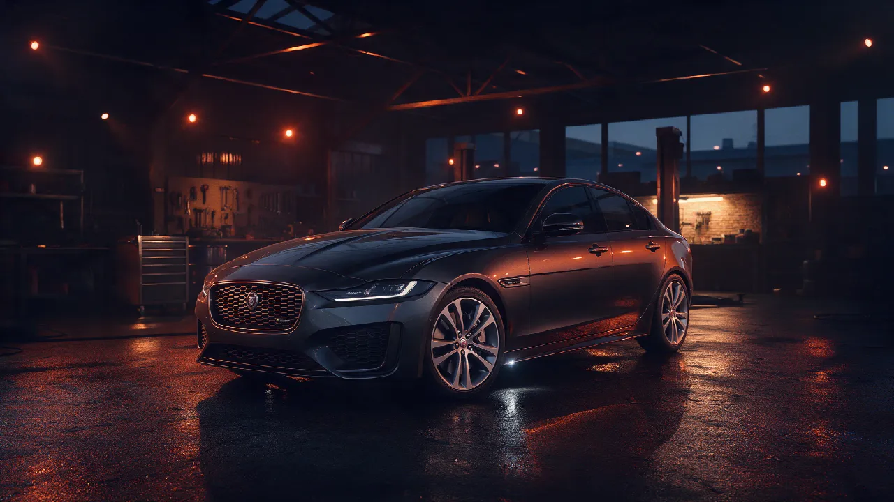 Jaguar XE 2.0D in een donkere werkplaats