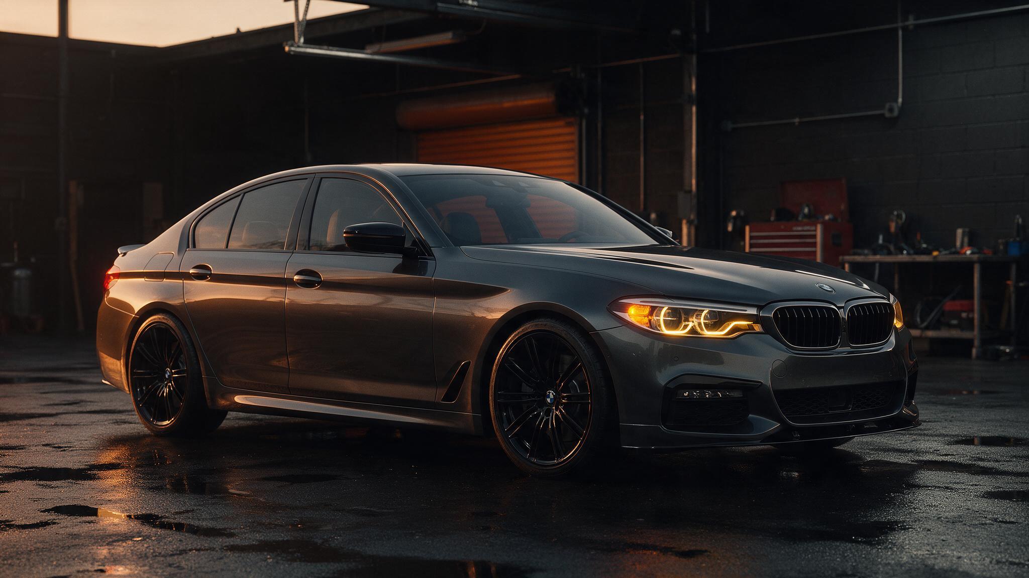 BMW 530e iPerformance G30 in een donkere tuningwerkplaats