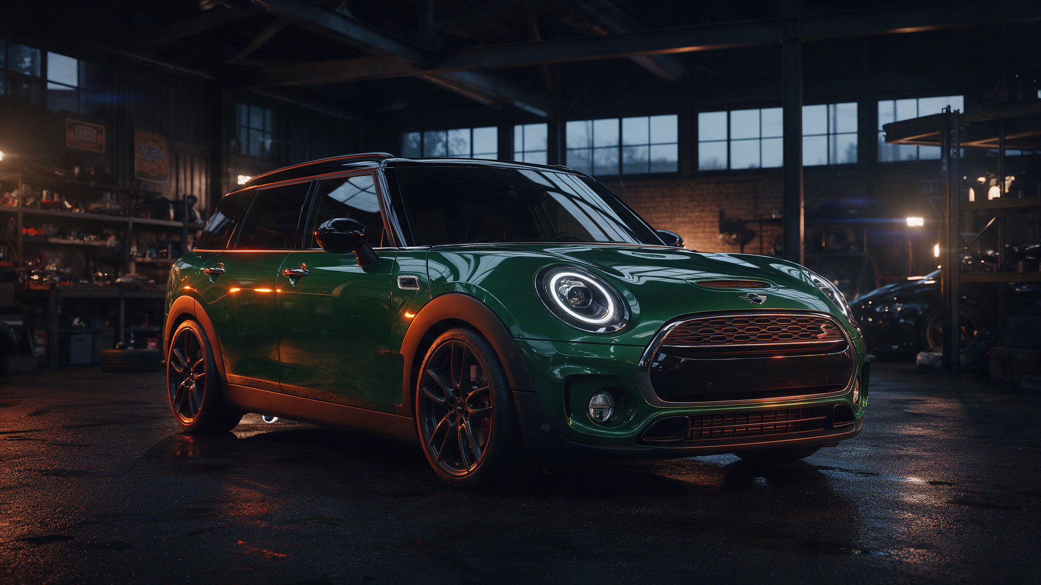 Mini Clubman Cooper S in een donkere tuningwerkplaats