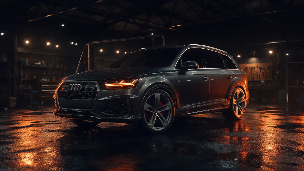Audi SQ7 4.0 TDI in een donkere werkplaats