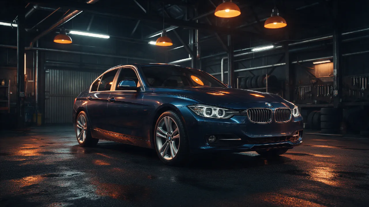 BMW 320i F30 in een donkere werkplaats