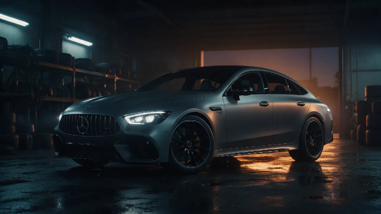 Mercedes-AMG GT 53 4-door Coupe in een donkere werkplaats