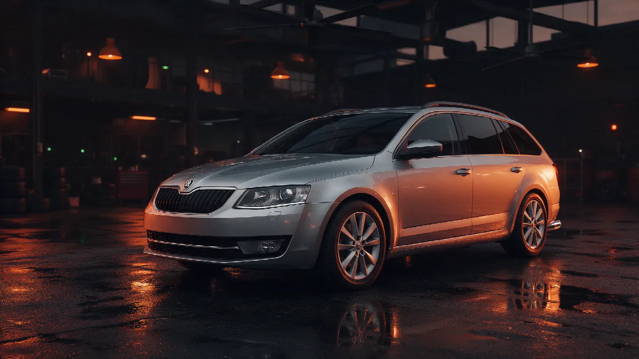Skoda Octavia Combi 2.0 TDI in een donkere werkplaats