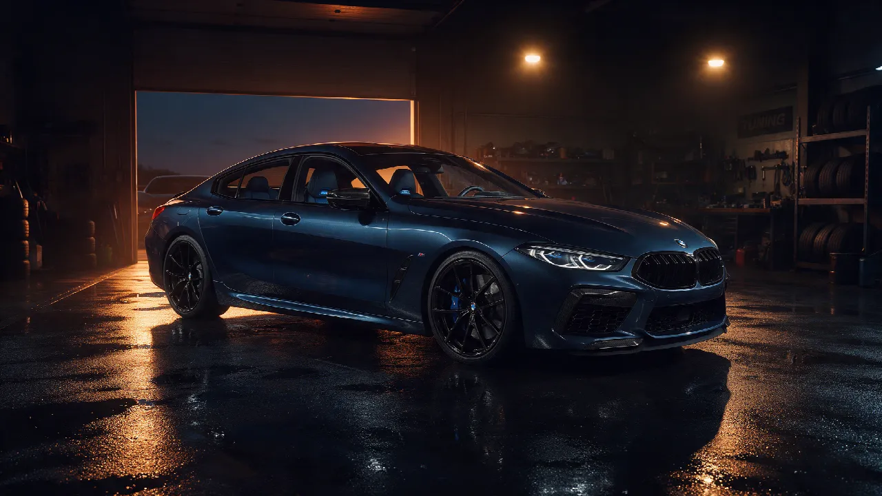 BMW M850i in een donkere tuningwerkplaats