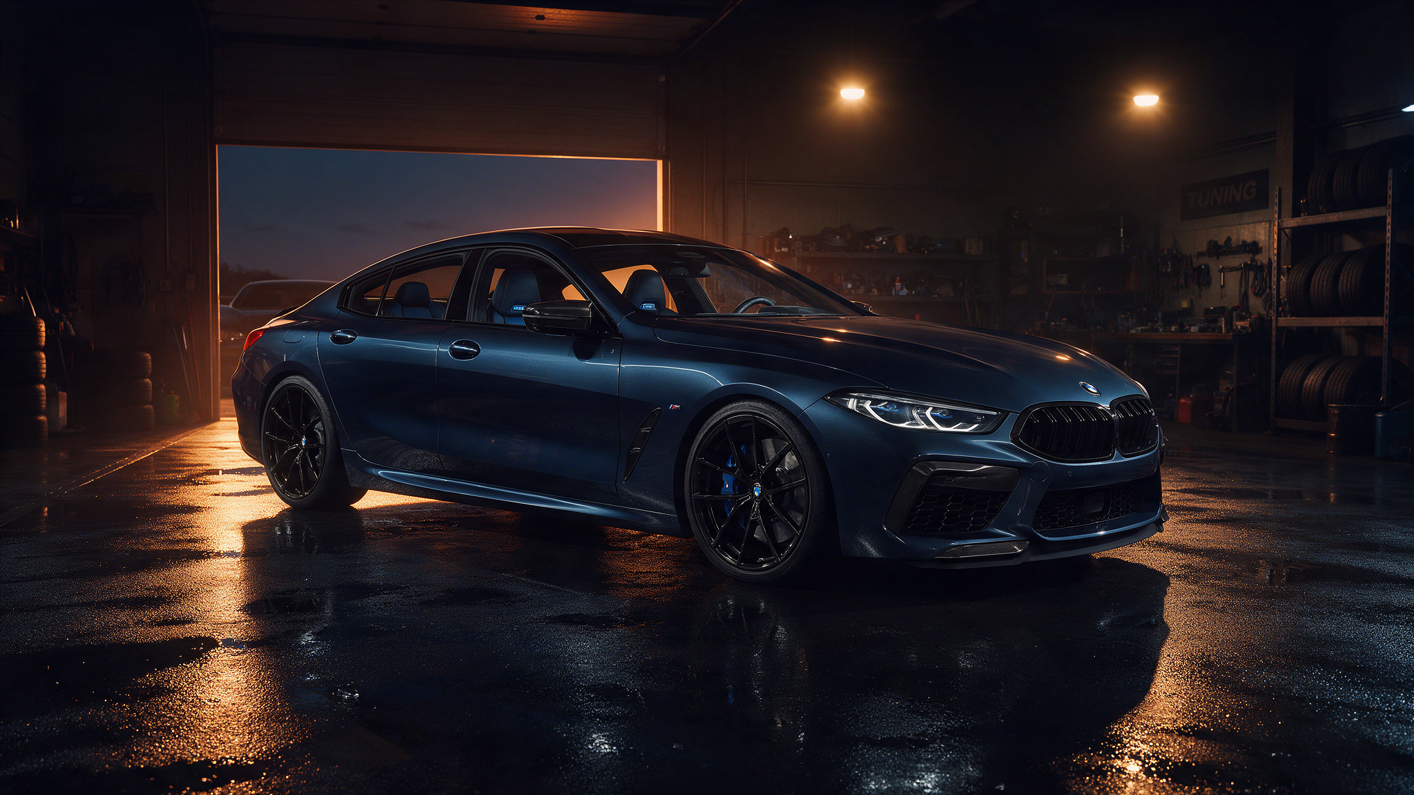 BMW M850i in een donkere tuningwerkplaats