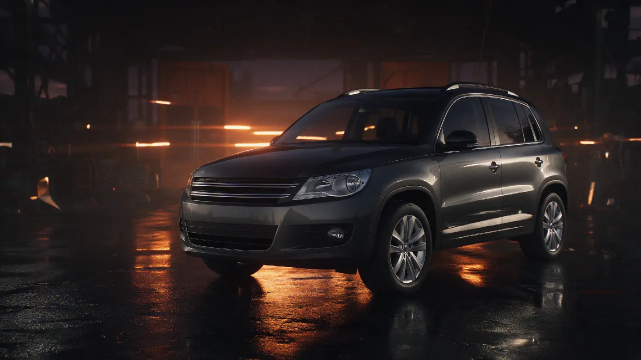 Volkswagen Tiguan 2.0 TDI in donkere werkplaats bij dusk met oranje licht
