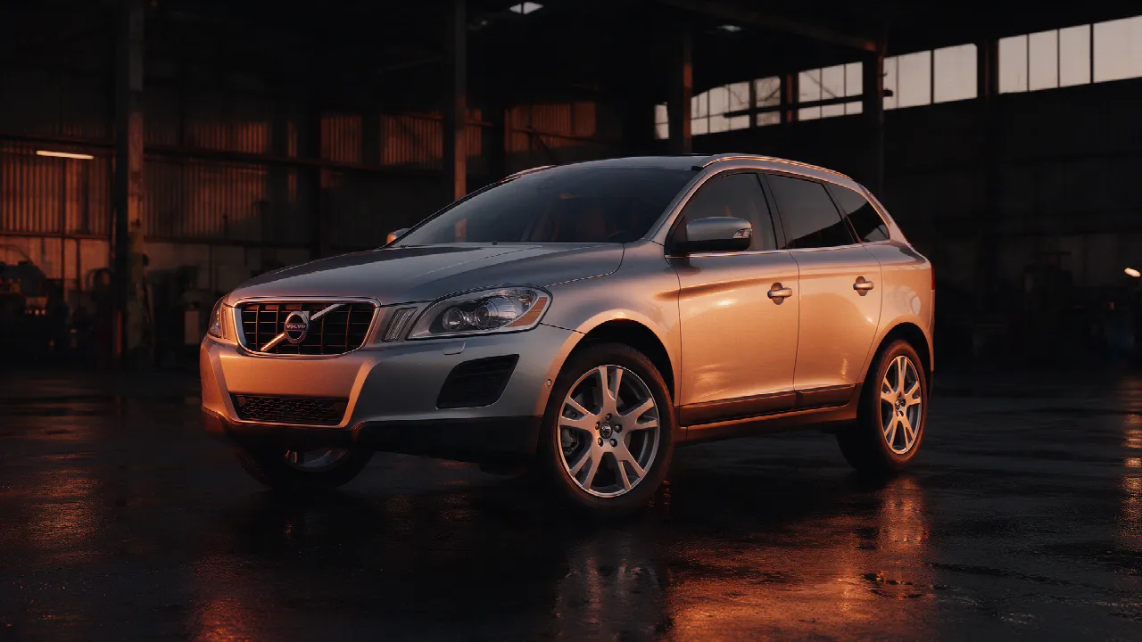 Volvo XC60 D4 in donkere werkplaats bij dusk met oranje licht