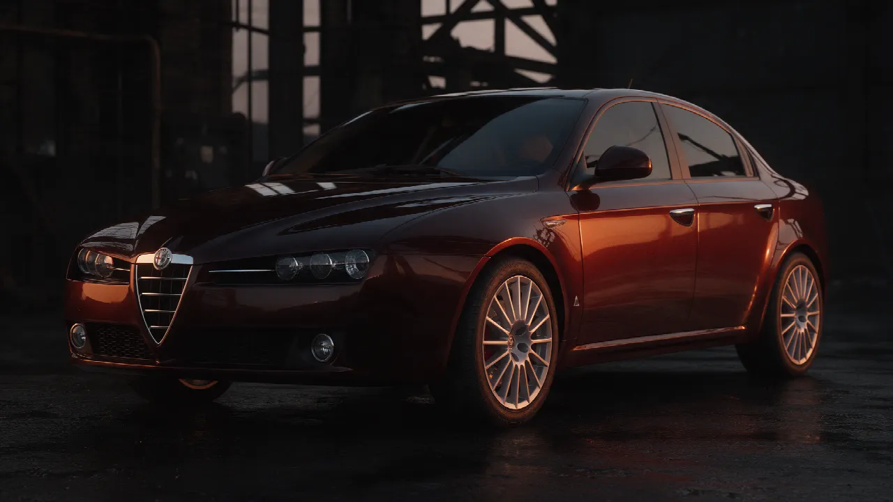 Alfa Romeo 159 sedan in donkerrood in een donkere werkplaats