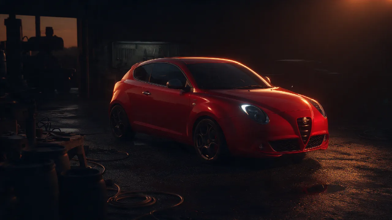 Alfa Romeo MiTo 1.4 Turbo in een donkere werkplaats met oranje licht