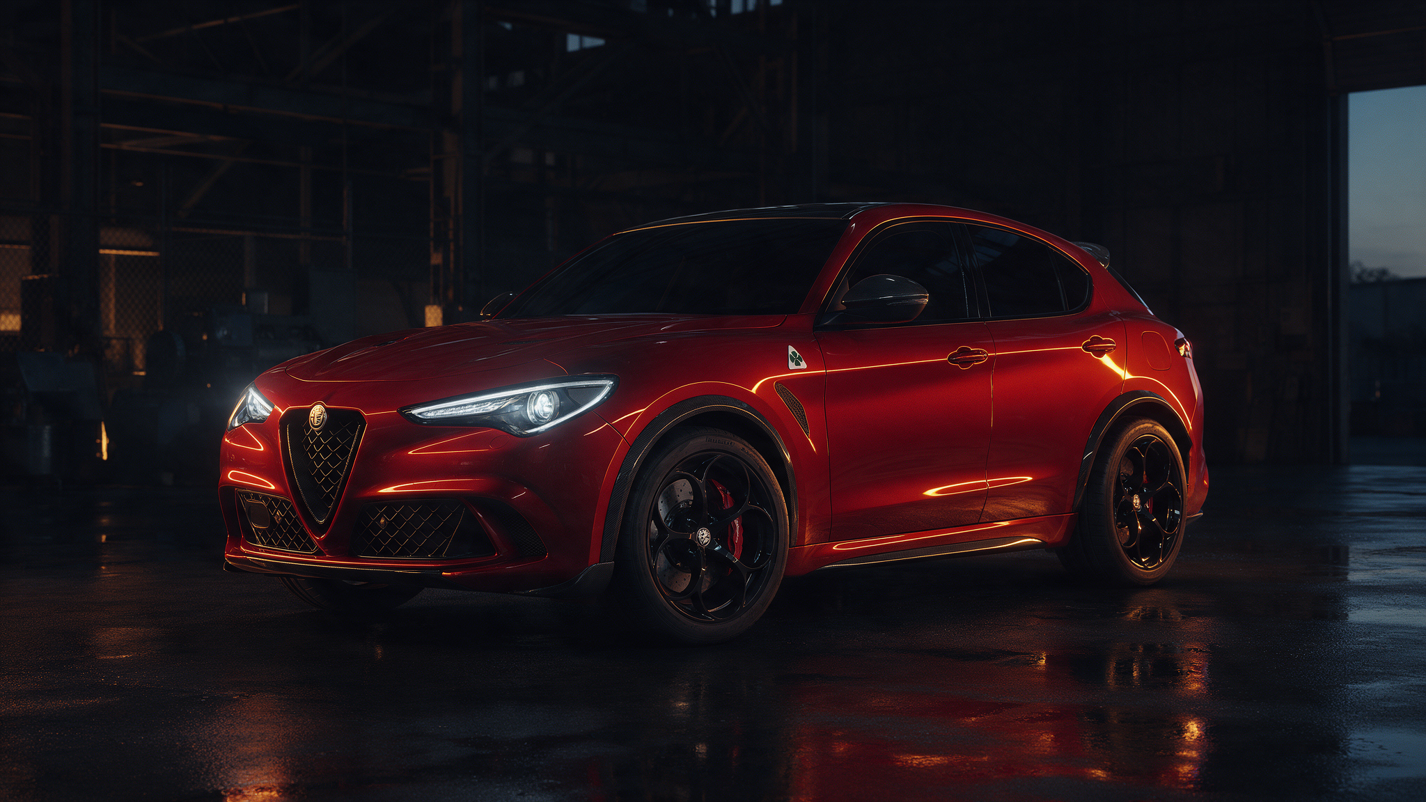 Alfa Romeo Stelvio Quadrifoglio in rood in een donkere werkplaats bij schemering met oranje randverlichting