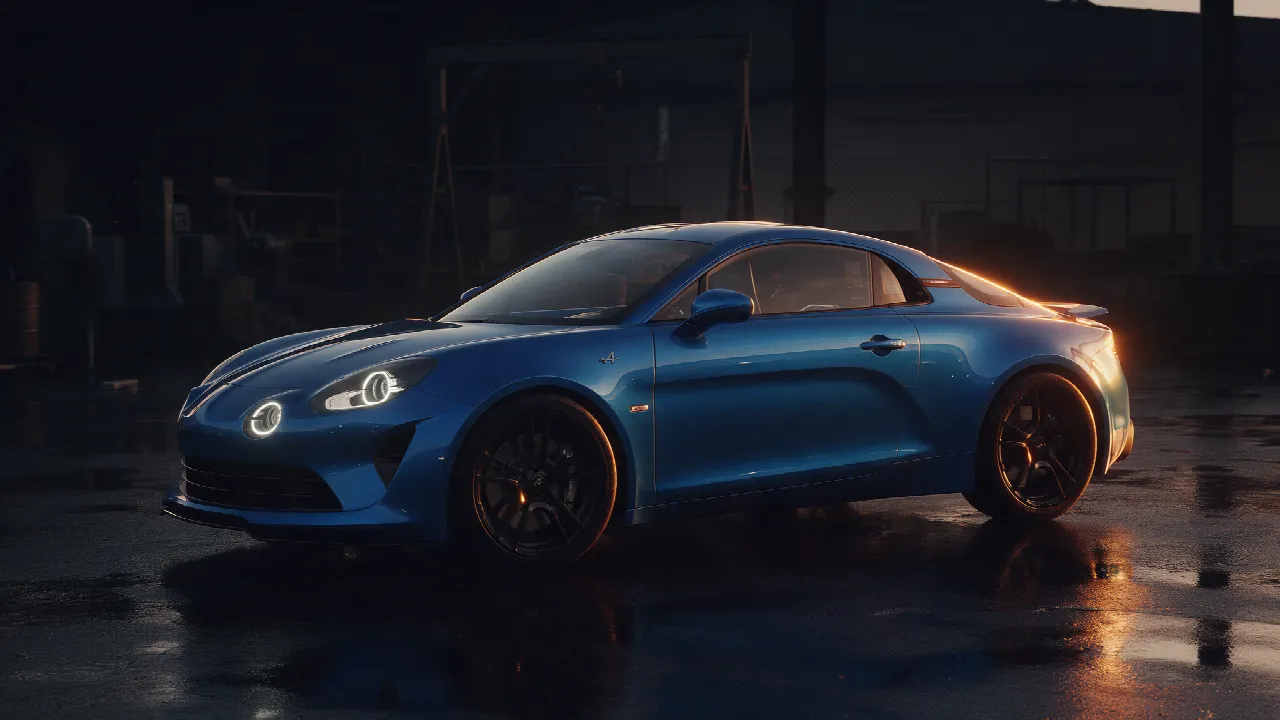 Alpine A110 in een donkere werkplaats met oranje licht