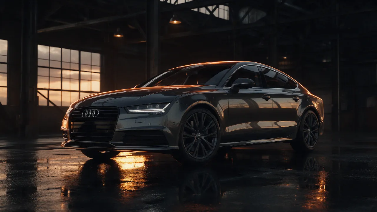 Audi A7 Sportback in een donkere werkplaats bij schemering met oranje licht