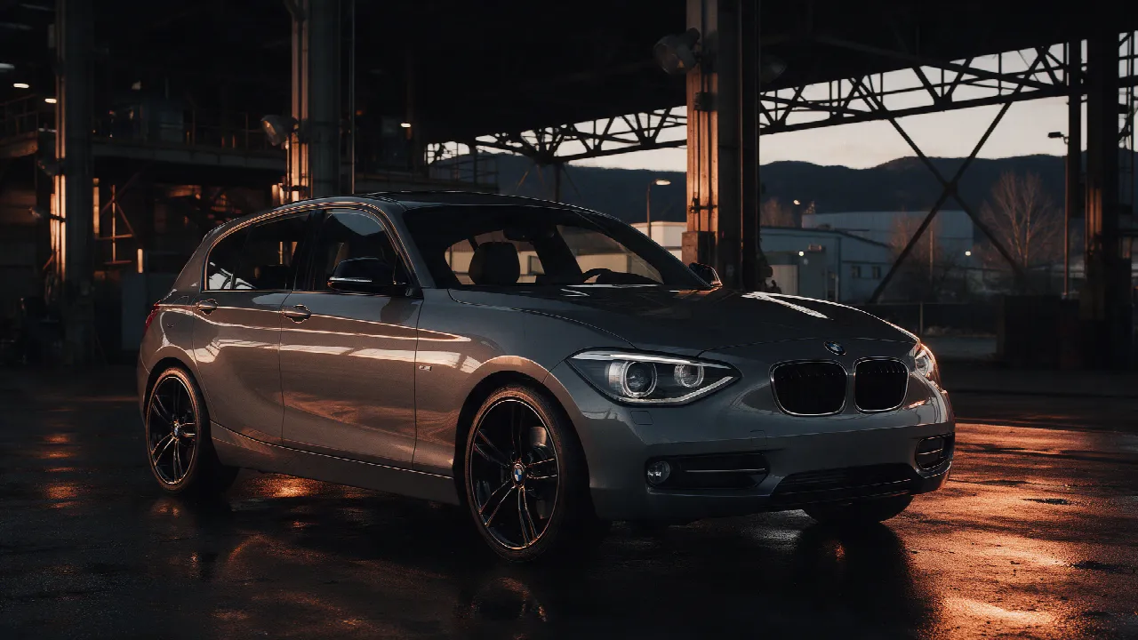 Grijze BMW 125i F20 in donkere werkplaats