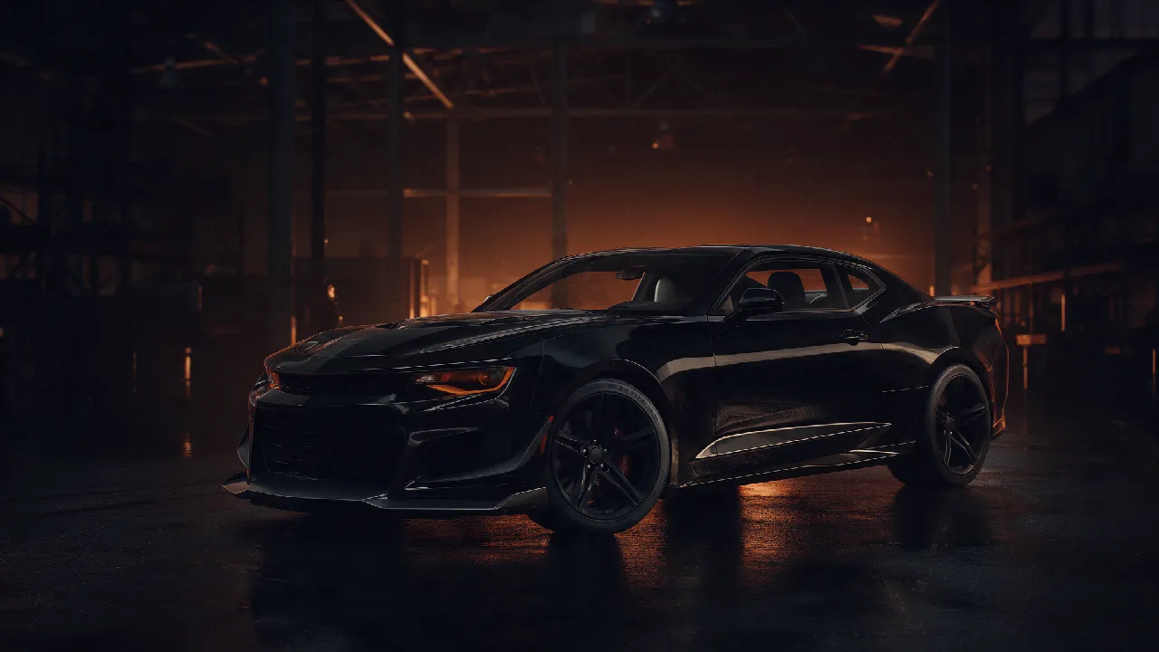 Chevrolet Camaro ZL1 in een donkere werkplaats bij schemering