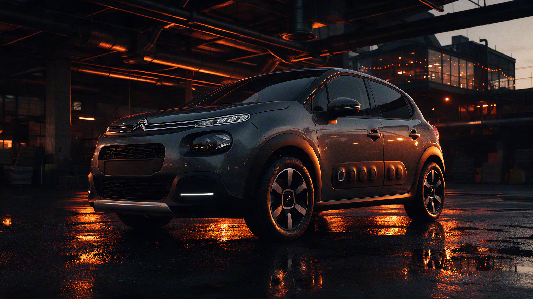 Citroën C3 hatchback in een donkere werkplaats bij schemering