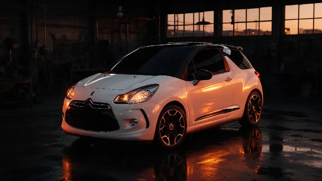 Witte Citroën DS3 met zwart dak in donkere werkplaats