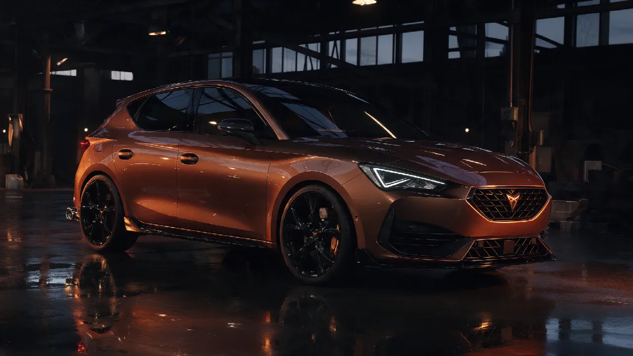 Cupra Leon 300 in een donkere werkplaats bij schemering