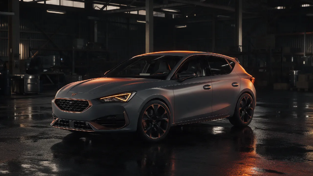 Cupra Leon 310 in een donkere werkplaats bij schemering met oranje licht