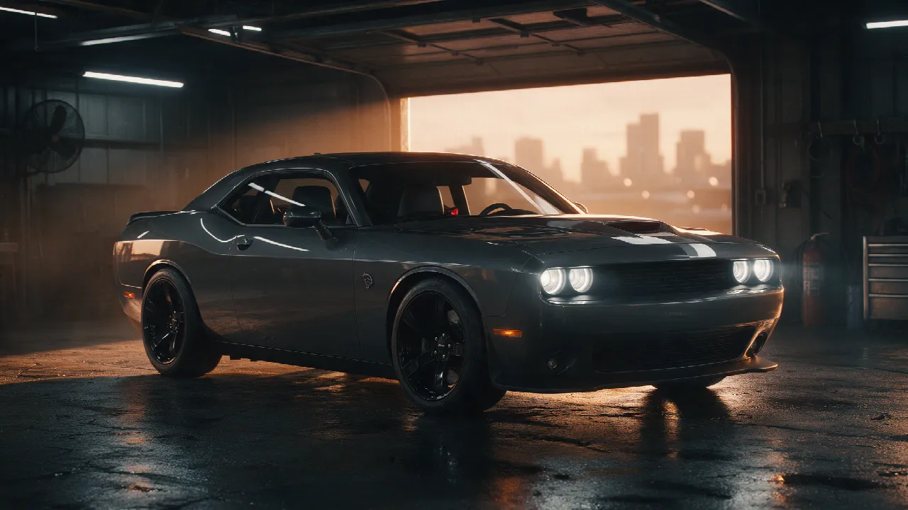 Dodge Challenger Hellcat Redeye in een donkere werkplaats bij schemering