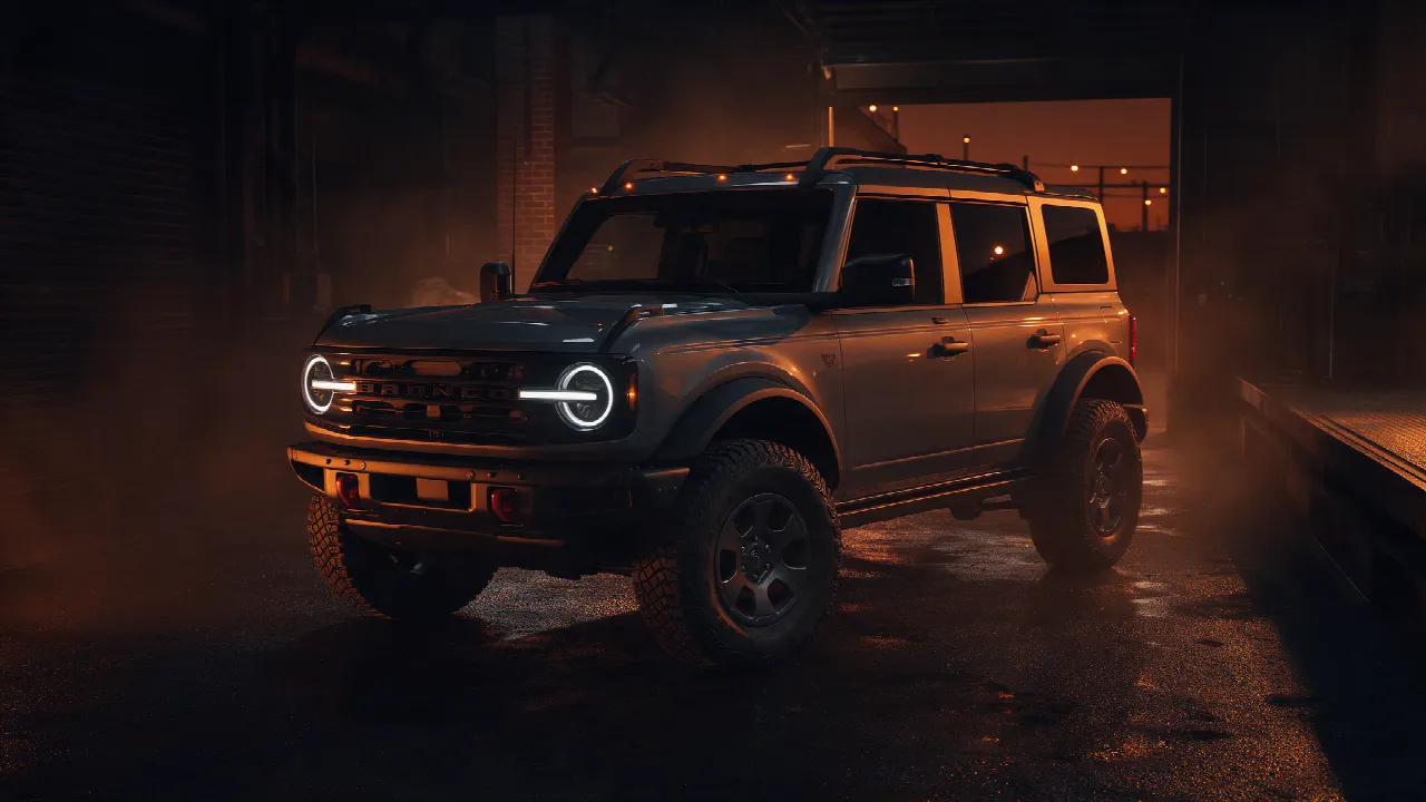 Ford Bronco in een donkere werkplaats bij schemering