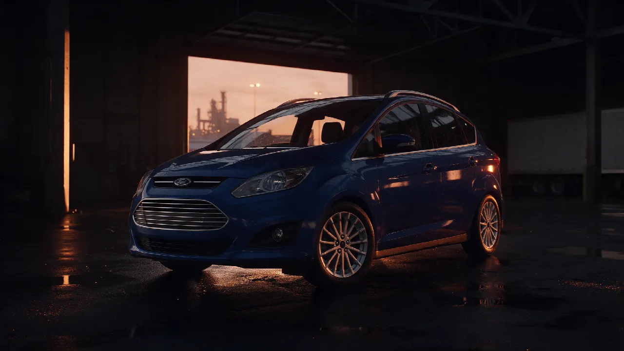 Ford C-Max MPV in blauw in een donkere werkplaats