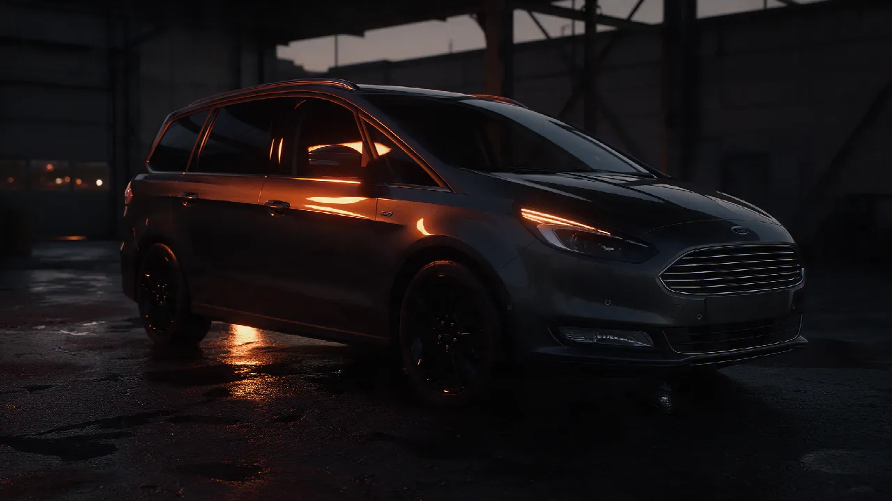 Ford Galaxy in een donkere werkplaats bij schemering met oranje licht