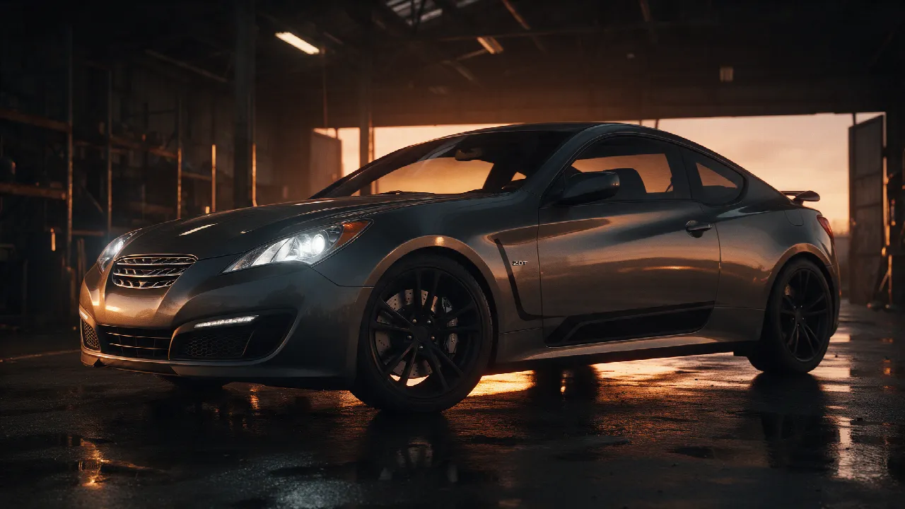 Hyundai Genesis Coupe 2.0T in een donkere werkplaats bij schemering