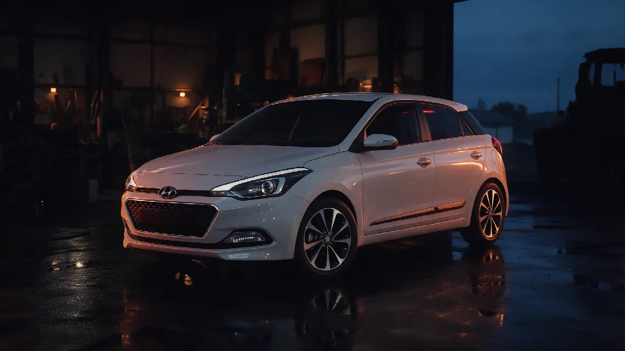 Witte Hyundai i20 in donkere werkplaats