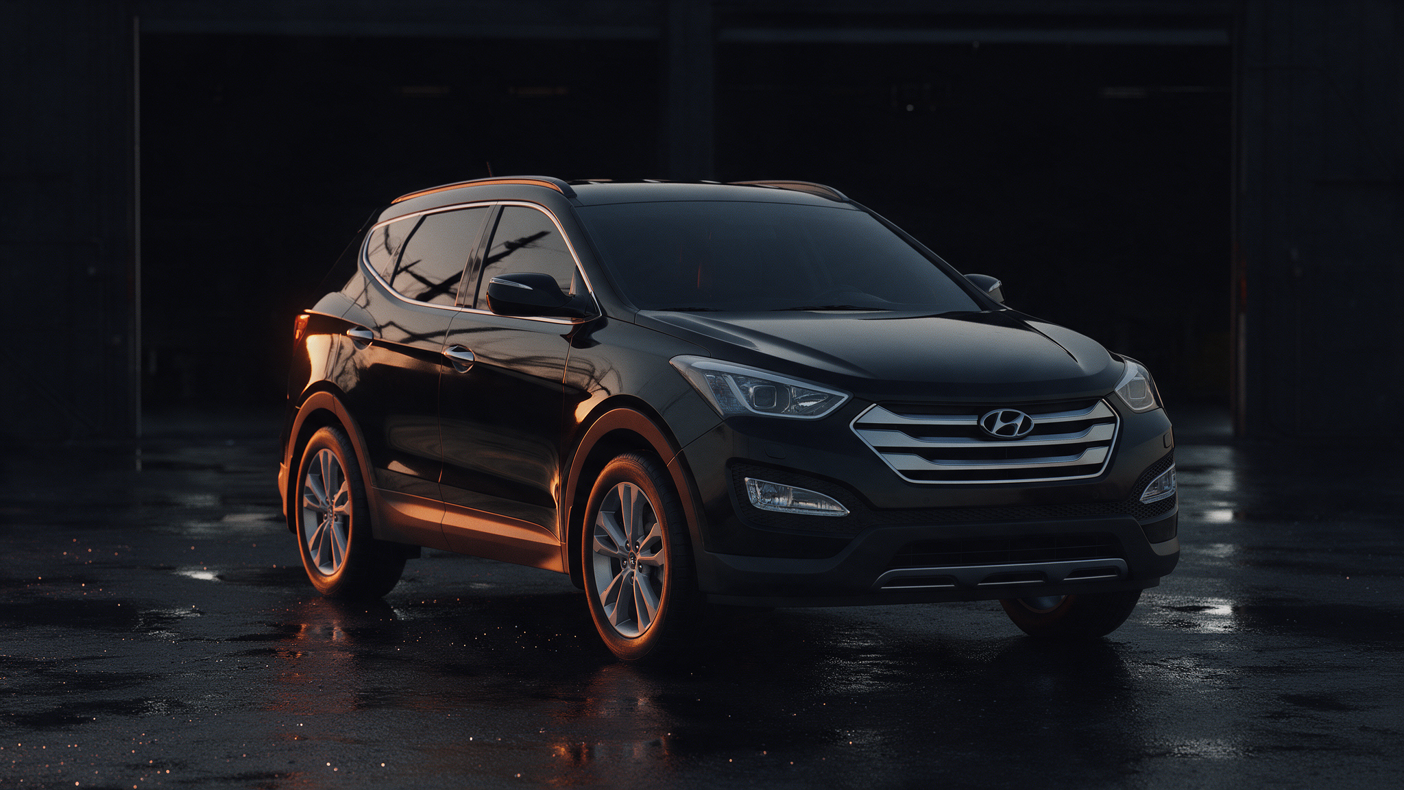 Hyundai Santa Fe 2.2 CRDi in een donkere werkplaats met oranje licht