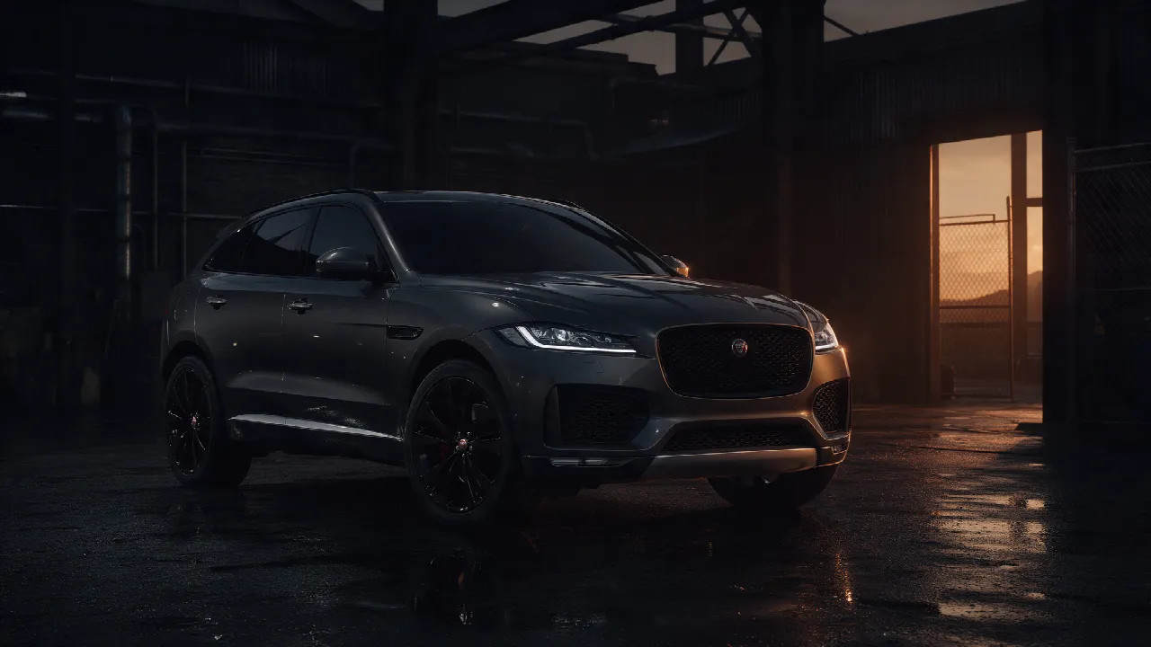 Jaguar F-Pace SUV in donkergrijs in een donkere werkplaats