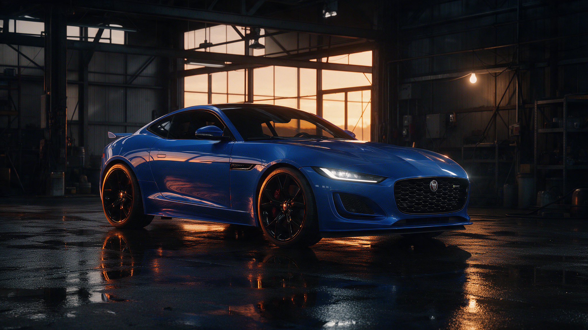 Jaguar F-Type coupe in Ultra Blue in een donkere werkplaats bij schemering met oranje randverlichting