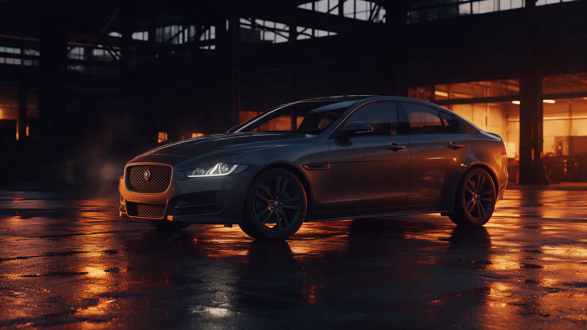 Jaguar XE sedan in een donkere werkplaats bij schemering