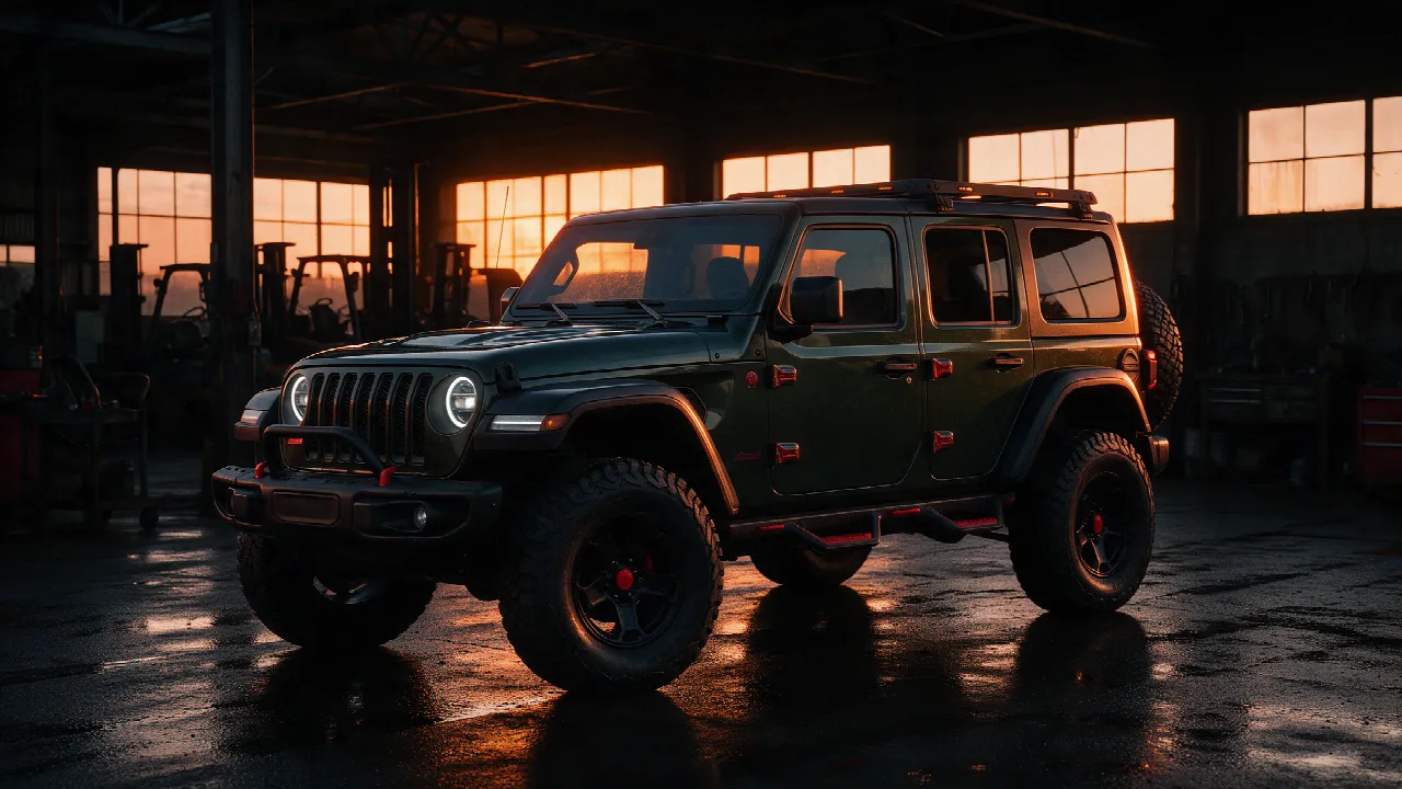 Jeep Wrangler 2.0T in een donkere werkplaats met oranje licht