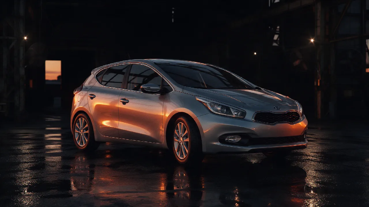 Kia Ceed hatchback in zilver in een donkere werkplaats