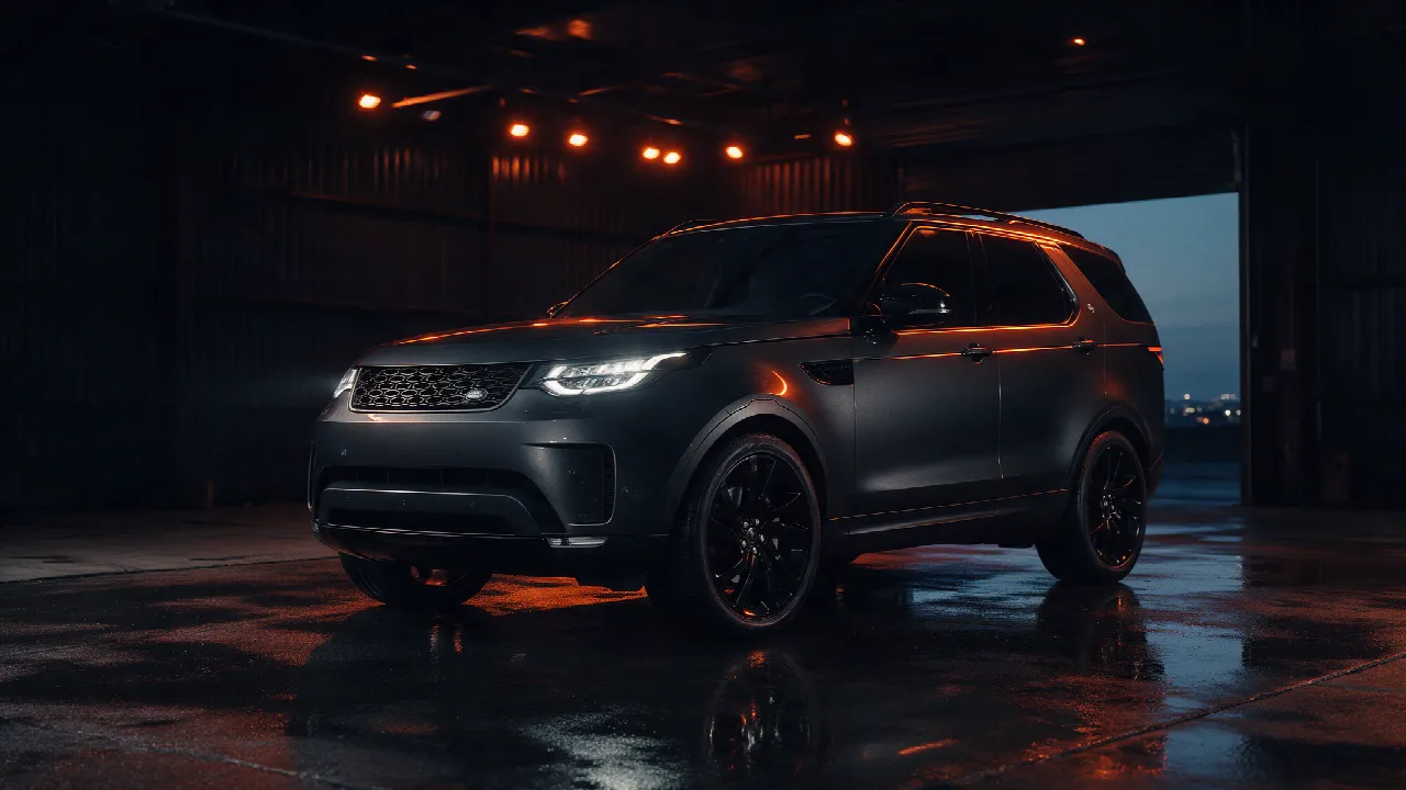 Land Rover Discovery in donkergrijs in een donkere werkplaats bij schemering met oranje randverlichting