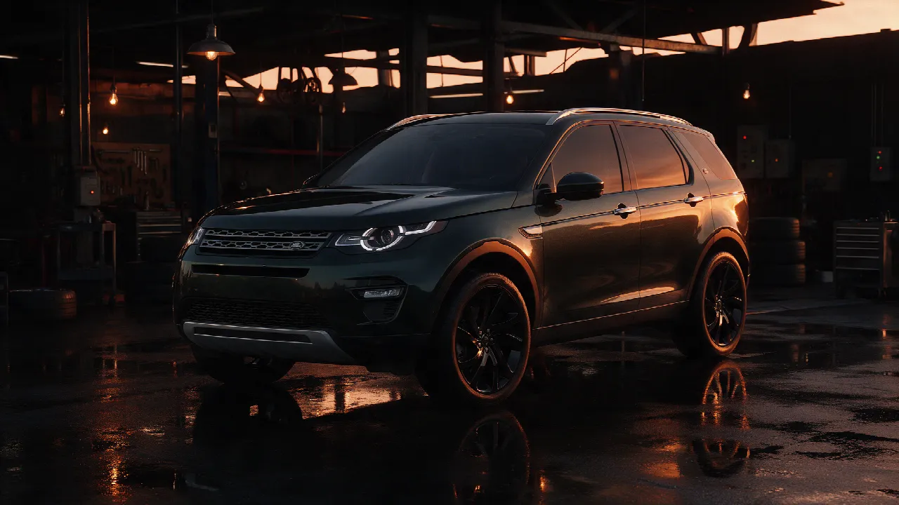 Donkergroene Land Rover Discovery Sport in donkere werkplaats